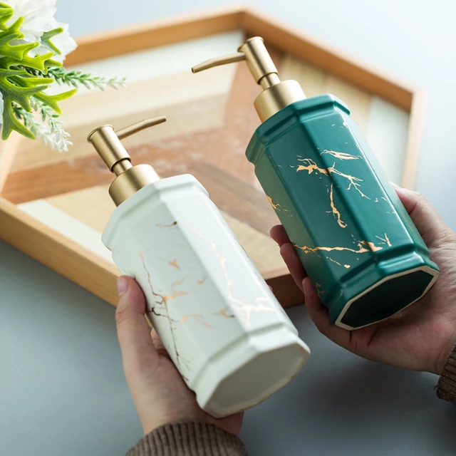 OEM Ceramic Bathroom Liquid Hand Soap Dispenser Hexagonal Marbled 350ML Reusable Soap Dispenser