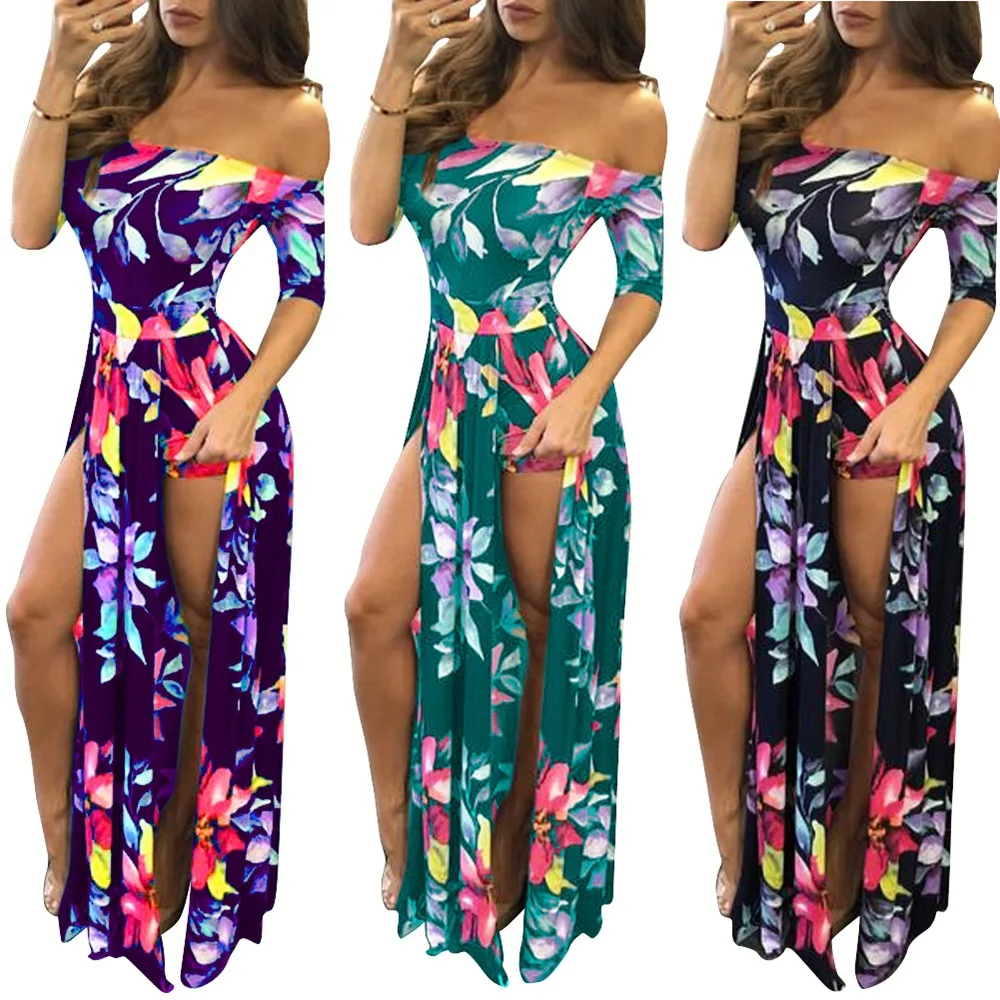 
QC - S3074 Best selling 2021 fashion summer women flower printed jumpsuits with split dress plus size women clothing 