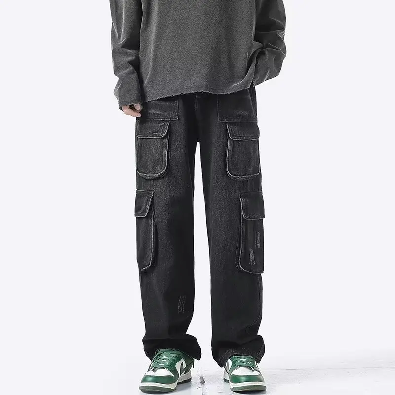 SSY Unisex American High Street Old Wash Vintage Jeans Loose Tooling Wide Leg Pants Drag Ground Straight Multi-bag Trousers