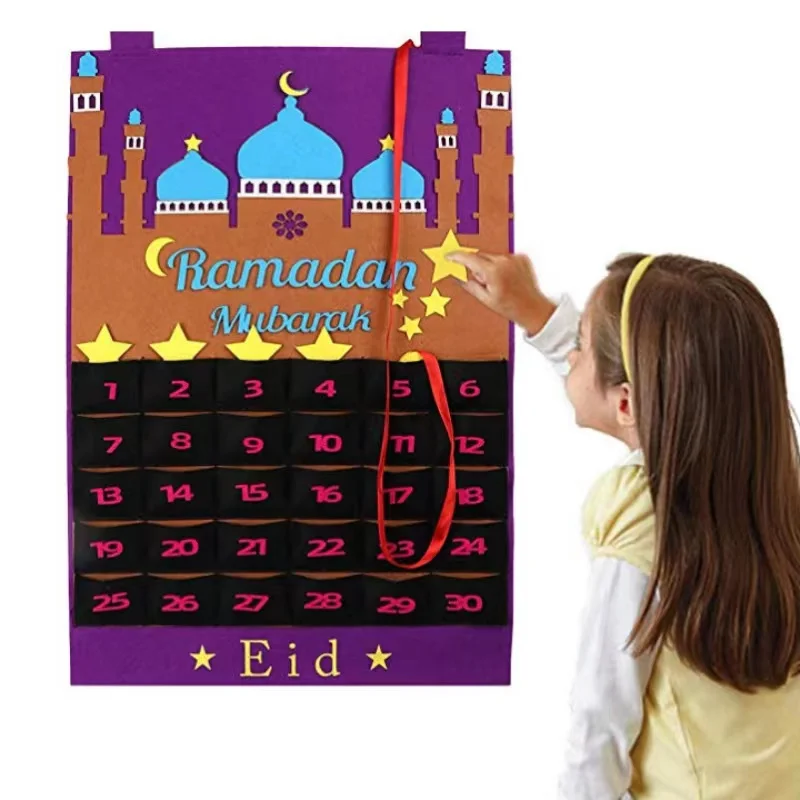2022 Muslim Balram Party Decor Supplies Eid Mubarak Countdown Felt DIY Ramadan Calendar with Pocket Castle For Kids