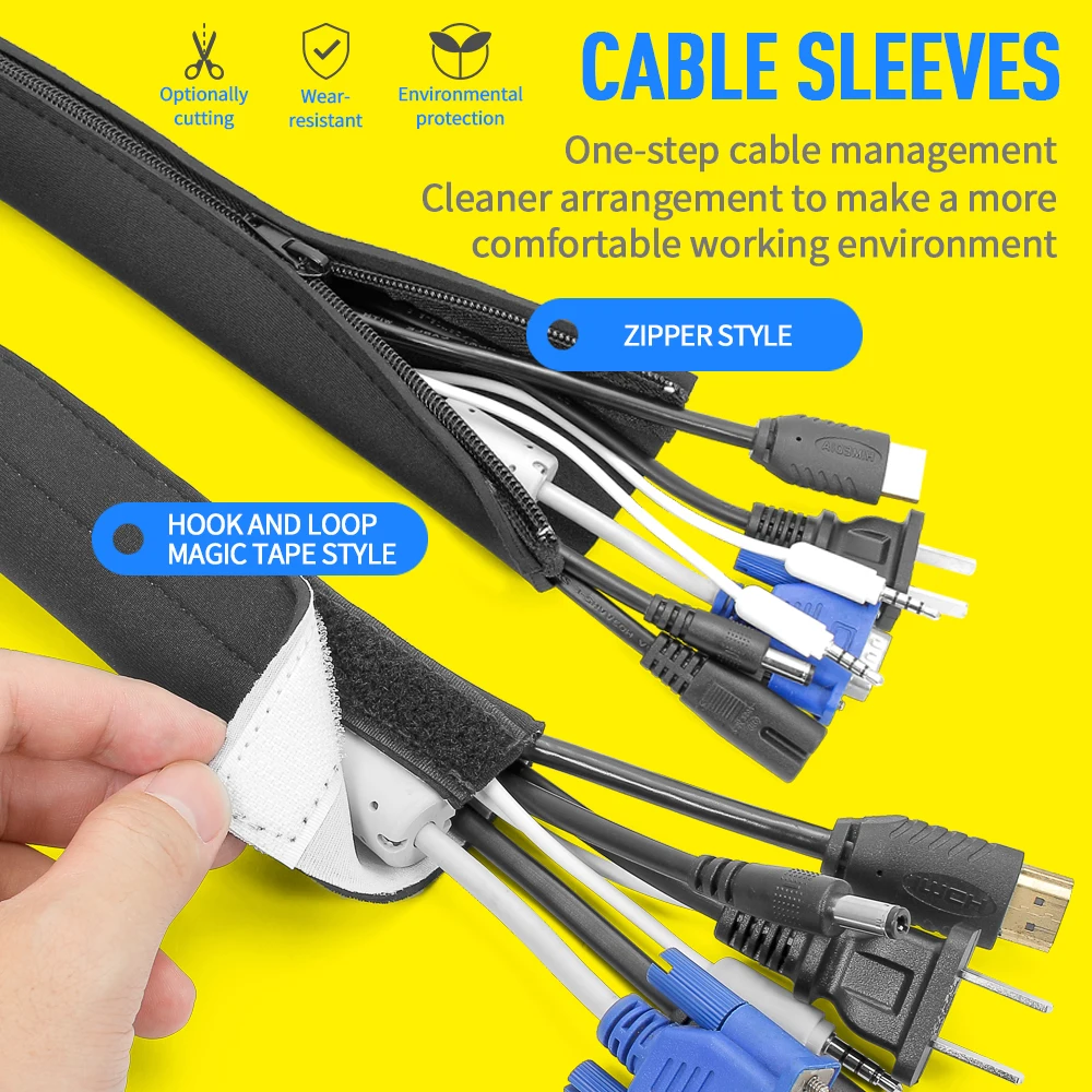 Hot Sales Neoprene Cable Sleeves Hook Loop Cord Management Electric Wire Sleeve With Zipper