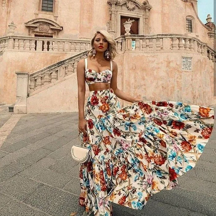 Boho Print Skirt Set Summer Women Floral 2 Piece Sets Spaghetti Strap Cropped Tops Long Skirt Sets Vintage Holiday Outfits 2021