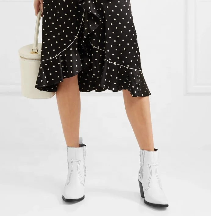 2019 Ladies Block Heel White Slip on Mid Heel Short Red Patent Square Toe Texas Ankle Boots Brown Crocodile Print Cowboy Booties