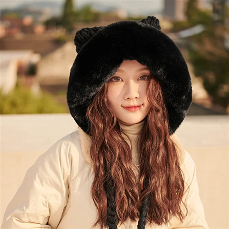 2023 Winter Warm Fur Knitted Hat Lady Outdoor Thicken Plush Fluffy Cap With Cat Ears Russian Hats for Women Girls Beanie Cap