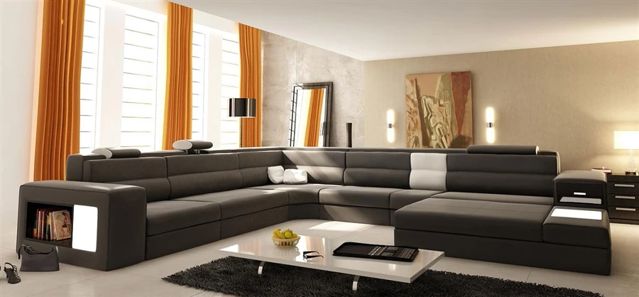 Luxury Design U Shaped Genuine Leather Wooden Modern Sofa Set With Headrest Waist-Rest
