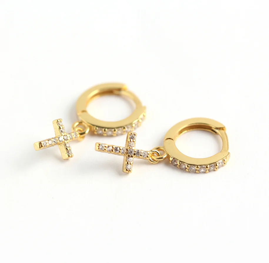 Wholesale 925 Sterling Silver Women Dainty Cross Hoop Earrings Gold Plated CZ Stone Diamond Pave Earrings Cross