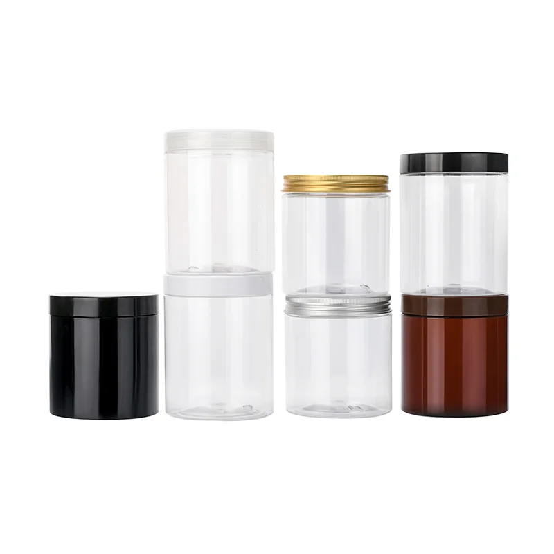 wholesale food grade 100g 120g 150g 200g 250g 300g 400g 500g 4/8oz amber clear PET plastic jar with aluminum plastic screw lids (1600325092321)