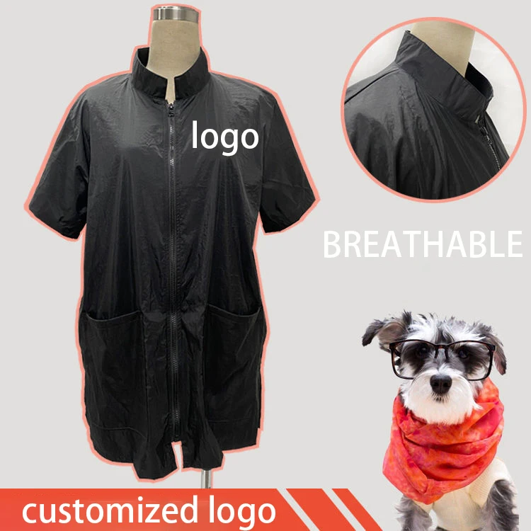 High Quality Barber Pet Shop Black Work Uniform Polyester Apron Waterproof Short Sleeve Grooming Hairdresser Work Clothes Salon