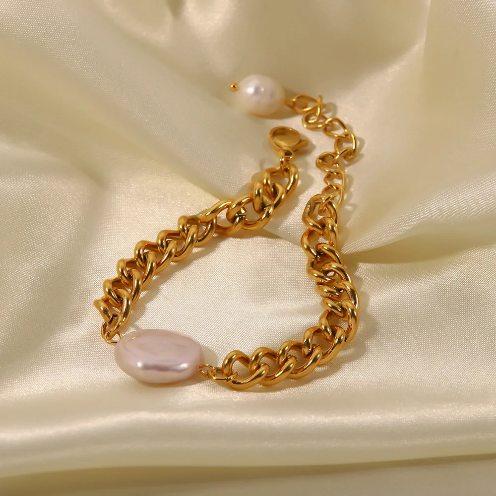 Factory Direct Sale 18K Gold Plated Stainless Steel Miami Cuban Chain Baroque Freshwater Pearl Bracelets