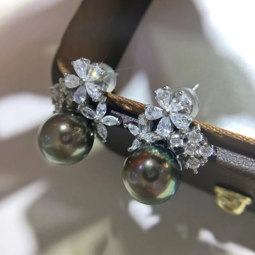 8mm Generous Black Tahiti Pearls Round Shape Freshwater Artificial Zircon Jewelry Pearl Earrings  Elegant