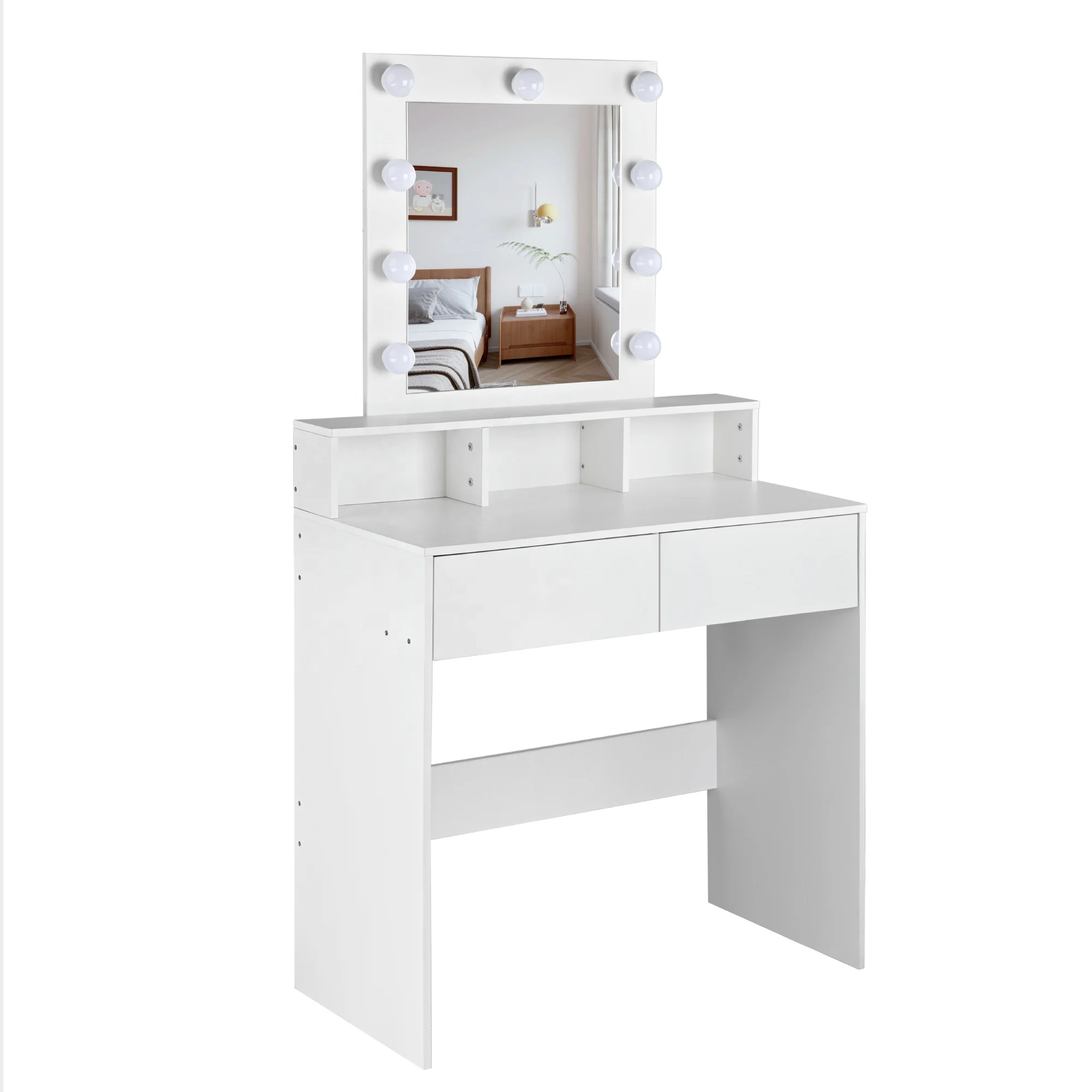 Amhome Wholesale Price High Quality White Mirror Vanity Desk for Cosmetic Desk with Led Light Makeup Dressing Table