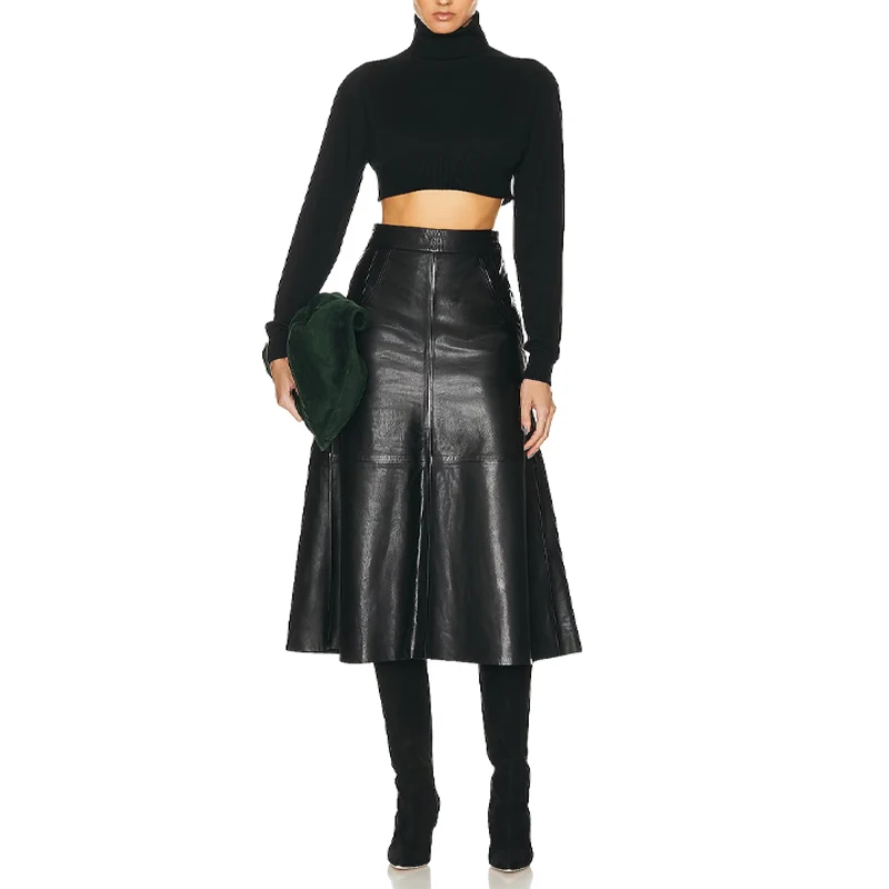 Oem Manufacturer Wholesale Custom Fashion Seamed A Line Women Black Pleated Ladies With Pockets Leather Midi Elegant Skirt