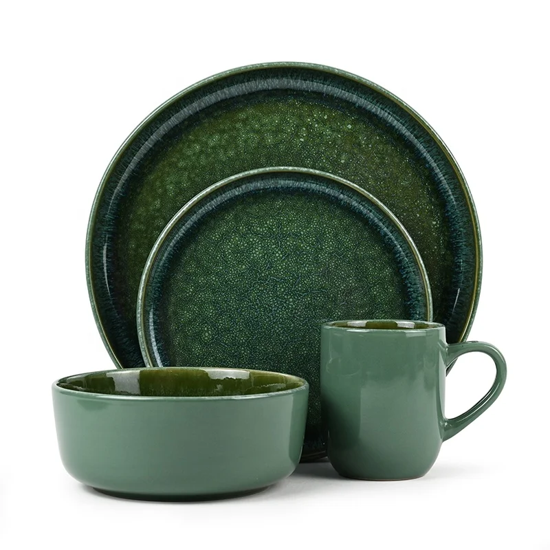 Reactive Dinnerware Crockery Restaurant Hotel 16pcs Korean Tableware Green Reactive Glaze Kitchen Set of Dishes