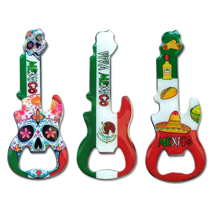 Custom logo metal epoxy mexico skull tourist souvenir guitar fridge magnet guitar bottle opener