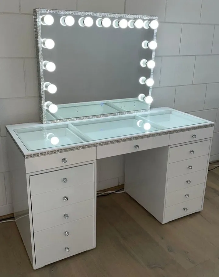 Bed Room Hollywood Mirror Modern Glam White Painting Dresser Vanity Dressing Table
