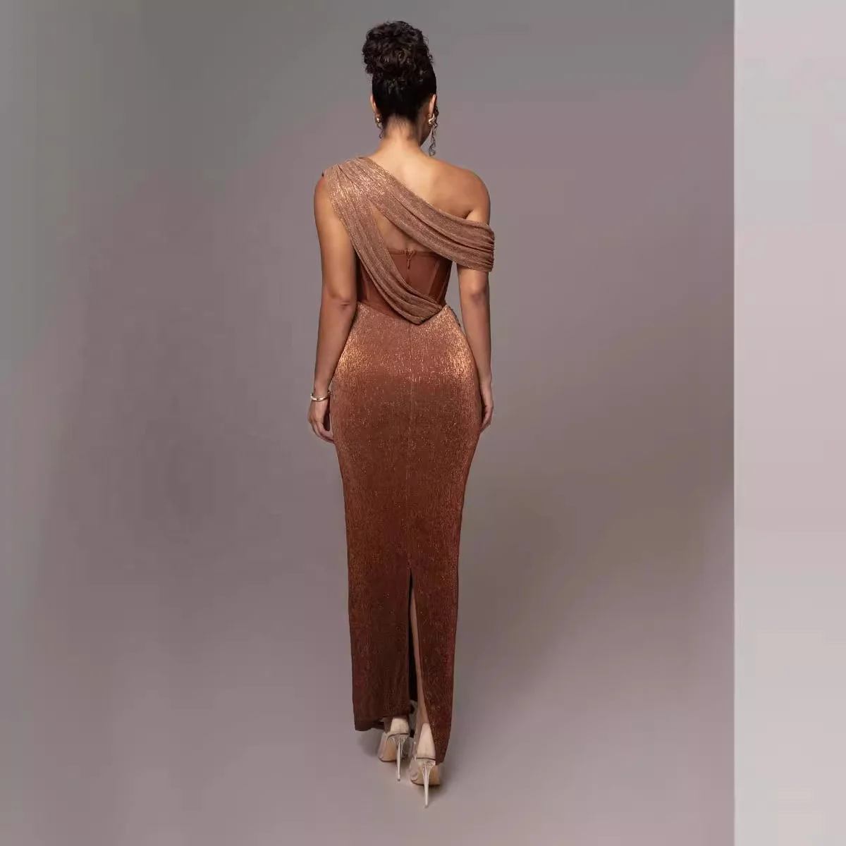 2024 New Women Fashion Oblique Shoulder Sexy Dresses For Ladies Hip Dress Evening Hollow Slim Ribbon Design Female Brown Dress