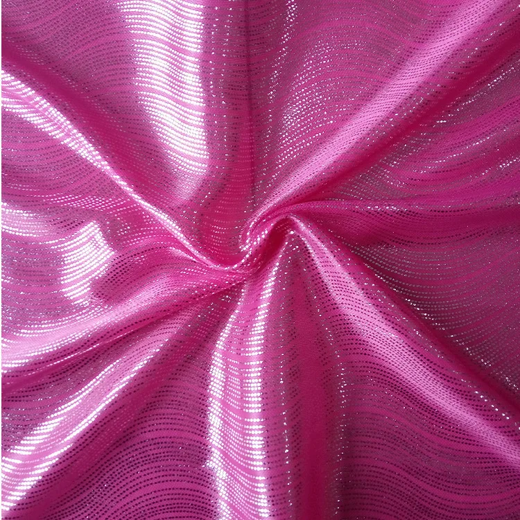 Wholesale Glitter Two Way Stretch Laser Stripe Foil Coated Satin Jersey Silver Dot Wave Swimming Knitting Polyester Fabric