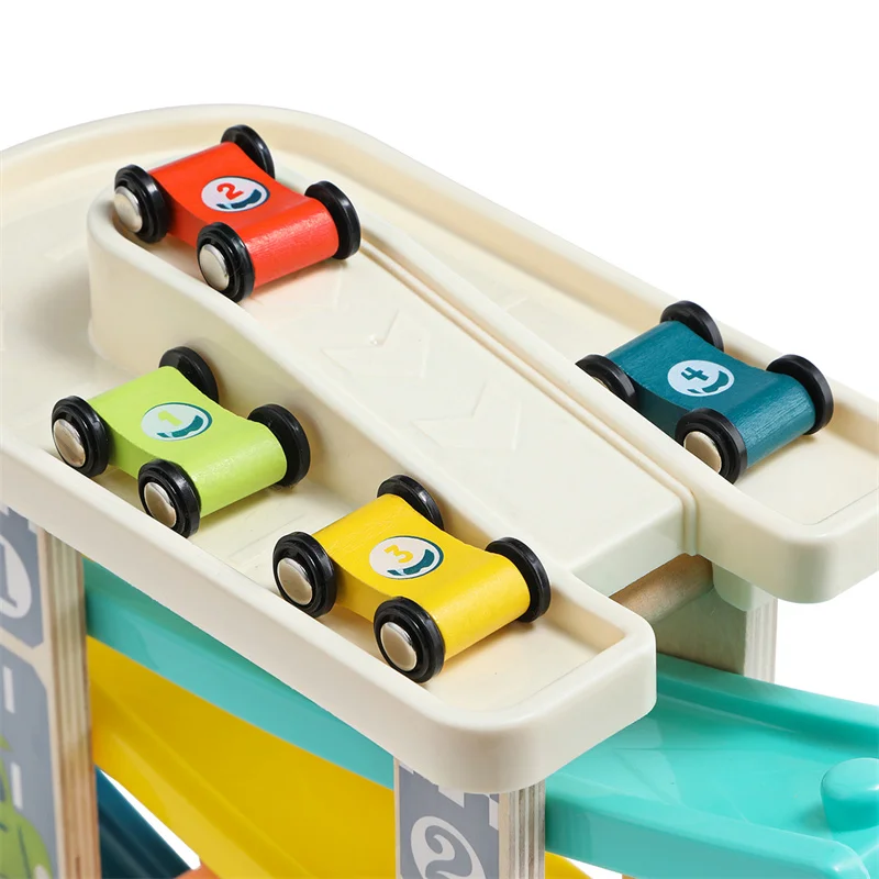 Topbright Educational Wooden Four-track Four Slide Trucks Track Racer kids racing track toy