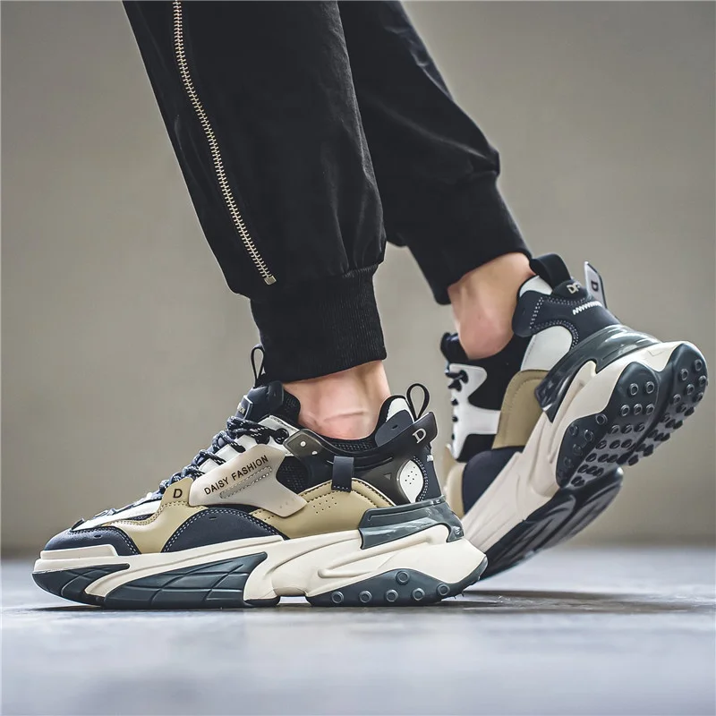 Hot Selling Reflective Lace Up Men  Fashion Leather Sneakers Zapatillas De Hombre White Chunky Athletic Shoes for Men