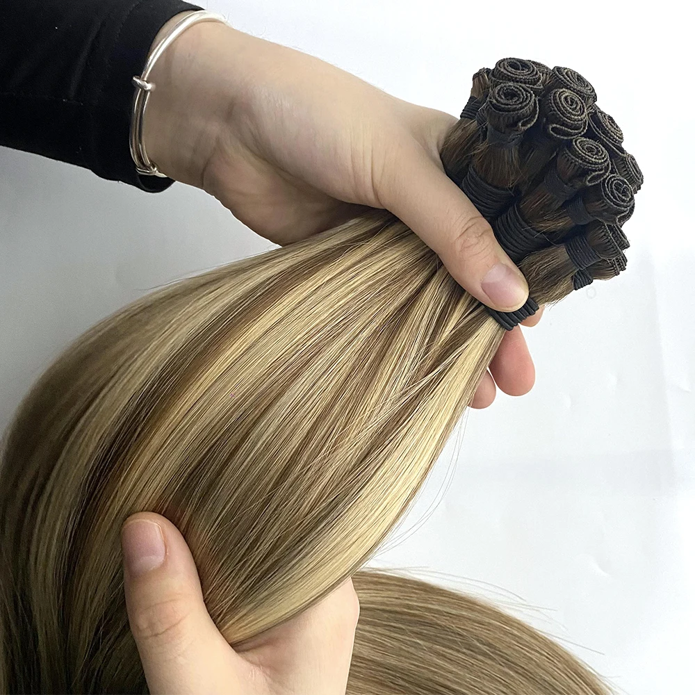 Handtied Weft Natural Look Smooth Soft Russian Cuticle Aligned Hair Lightweight Double Drawn Handtied Weft