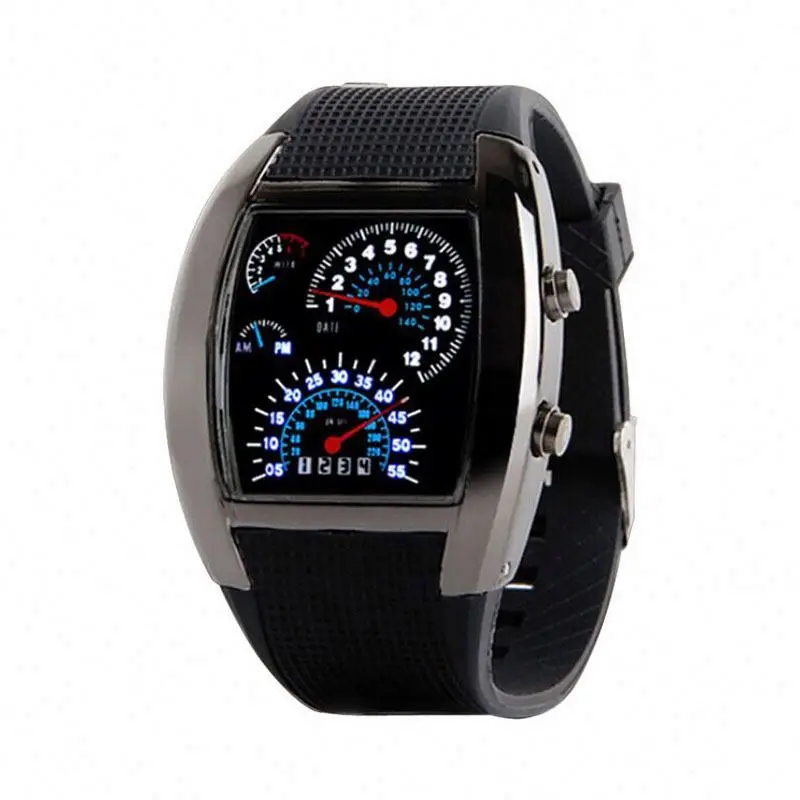LED Display Men Sports RPM Turbo Flash  Wristwatch Car Speed Meter Dial Binary Matrix Digital Electronic Watches