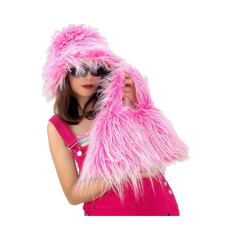 J&H 2023 trendy fuzzy buckets hats ladies y2k furry winter hats women fashion warm feather hats tops