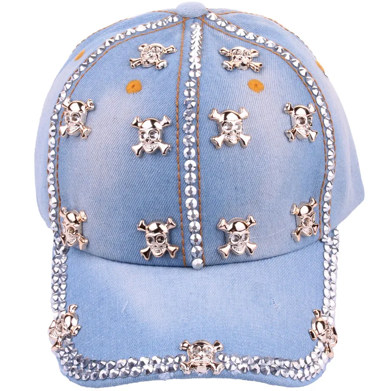 Custom Distressed Denim Cotton Bling Stones Studded Rhinestone Jeans Sports Baseball Hat Cap Sparkle Bling Skeleton Hat