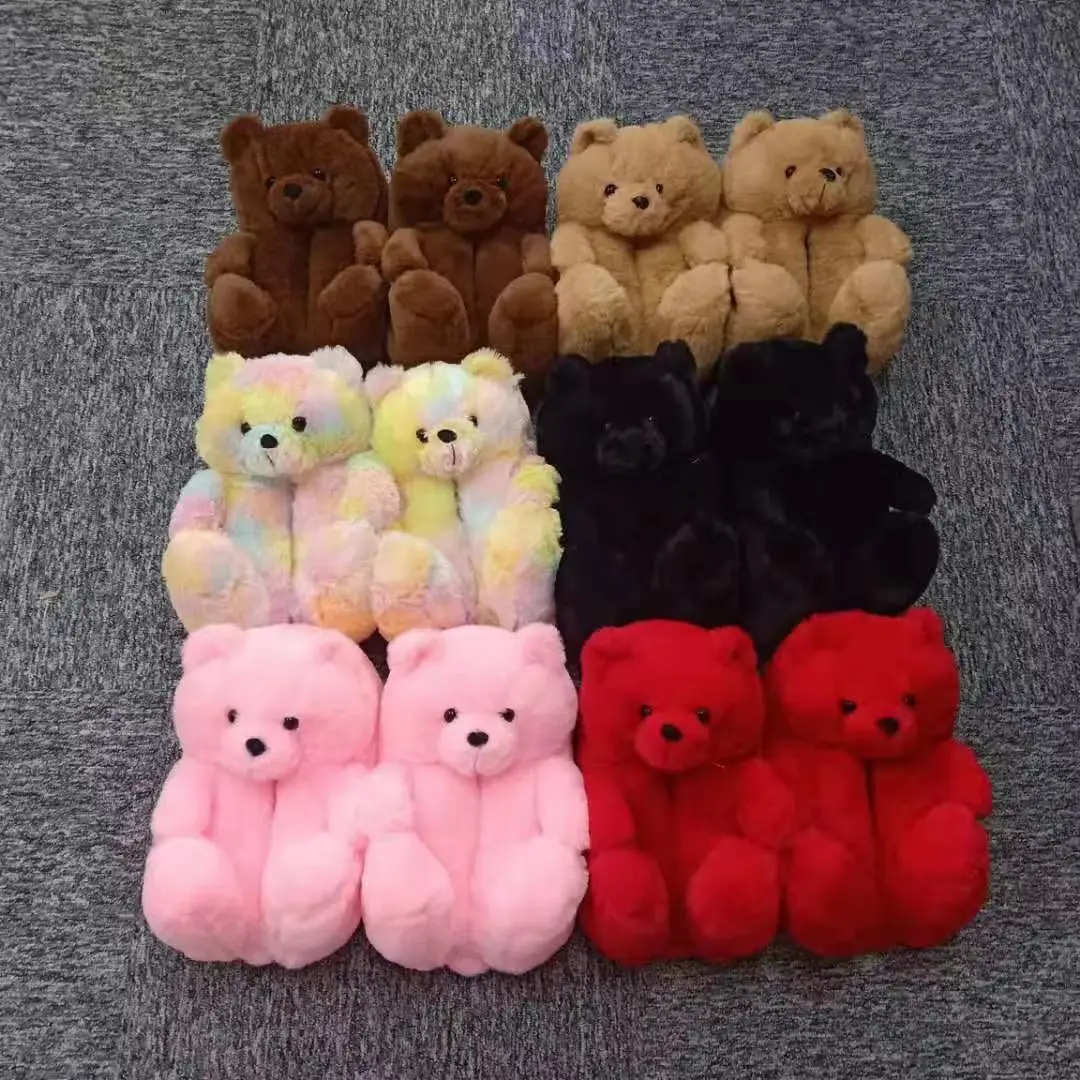 
Factory Price Cute teddy bear slippers women fur slides indoor slides bedroom slides for women and kids 