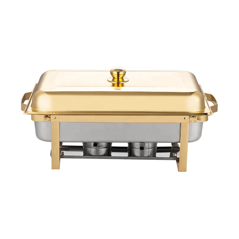 Hot sale top quality hotel restaurant Stainless Steel Double Pans Serving Dishes Food Warmers Set With Lid 8L Golden Rectangular