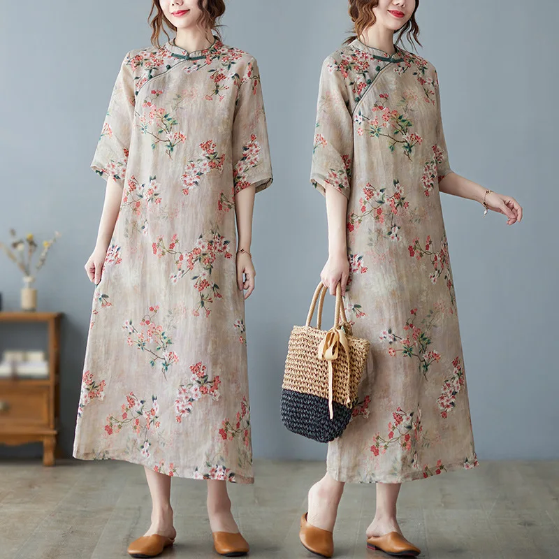 Custom Chinese Style Linen Dress cheongsam Robes Frog Buttons Print Floral Vintage Retro Women Casual Midi Dress