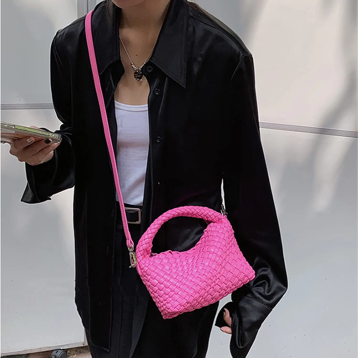 Fashion Shoulder Purse Top Handle Women Crossbody Bag Genuine Woven Leather Handbag