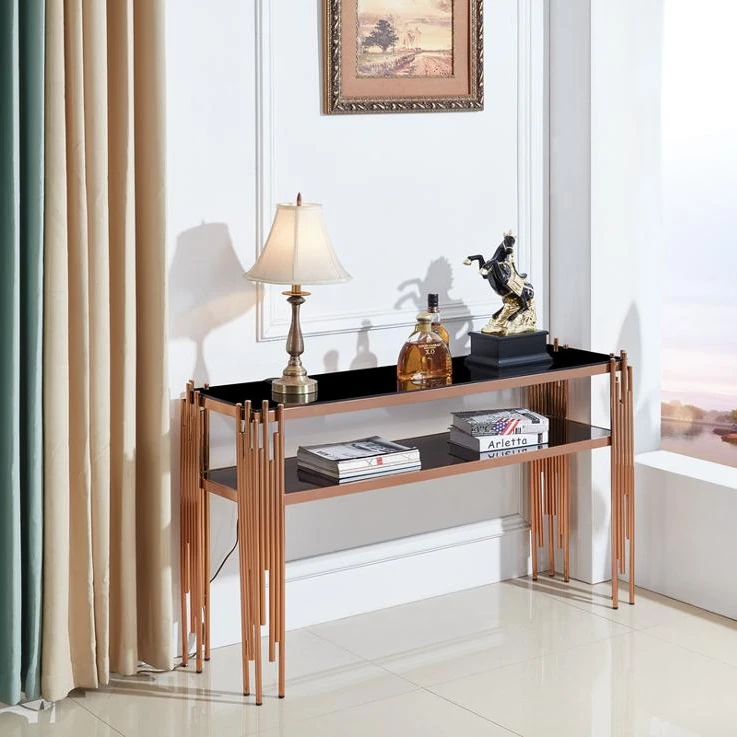 Contemporary Luxury Glass Top Rose Gold Cocktail Table with Brass Brushed Stainless Steel Console Modern Design Living Room Sofa