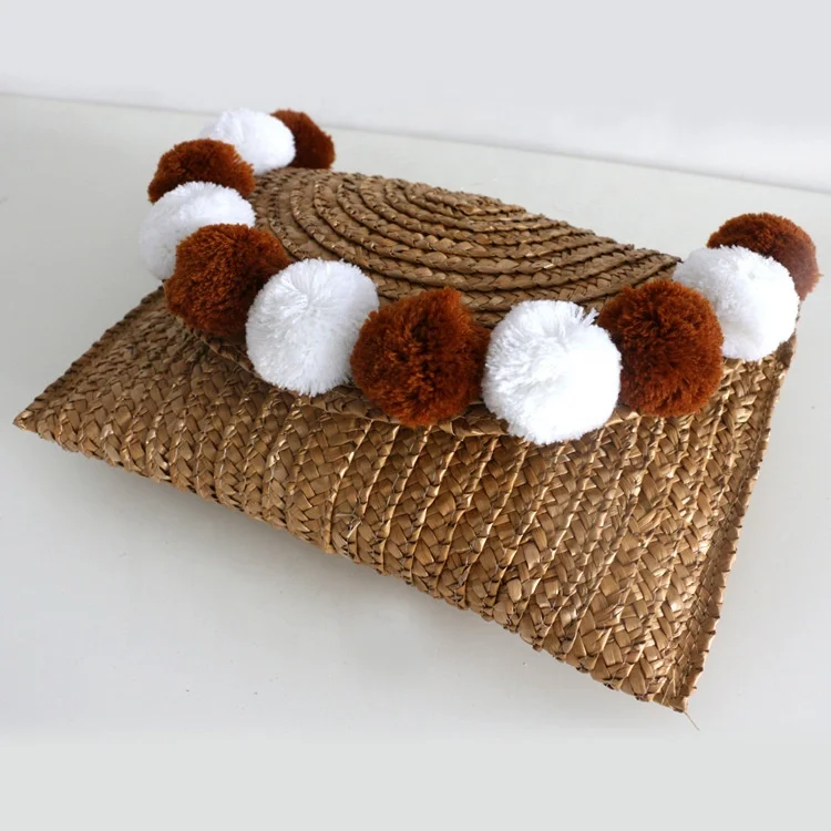 women wheat straw hand tote purses clutch bag and handbags with plush fur ball