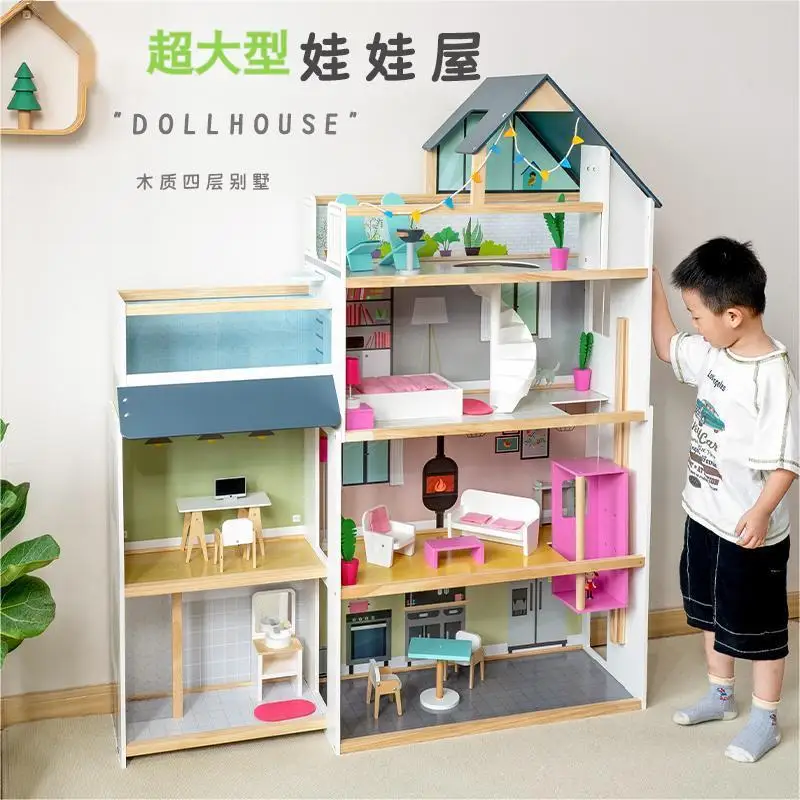 2024 New Arrival Baby Pink Wooden Pretend Play House Princess Villa Game Educational Role Play Gift Toys For Girls