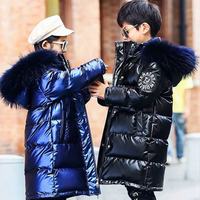 OEM Kids Winter Clothing Boys Long Coat Girls Clothes Faux Fur Collar Snowsuit Blue Outerwear Parka For Teen-agers