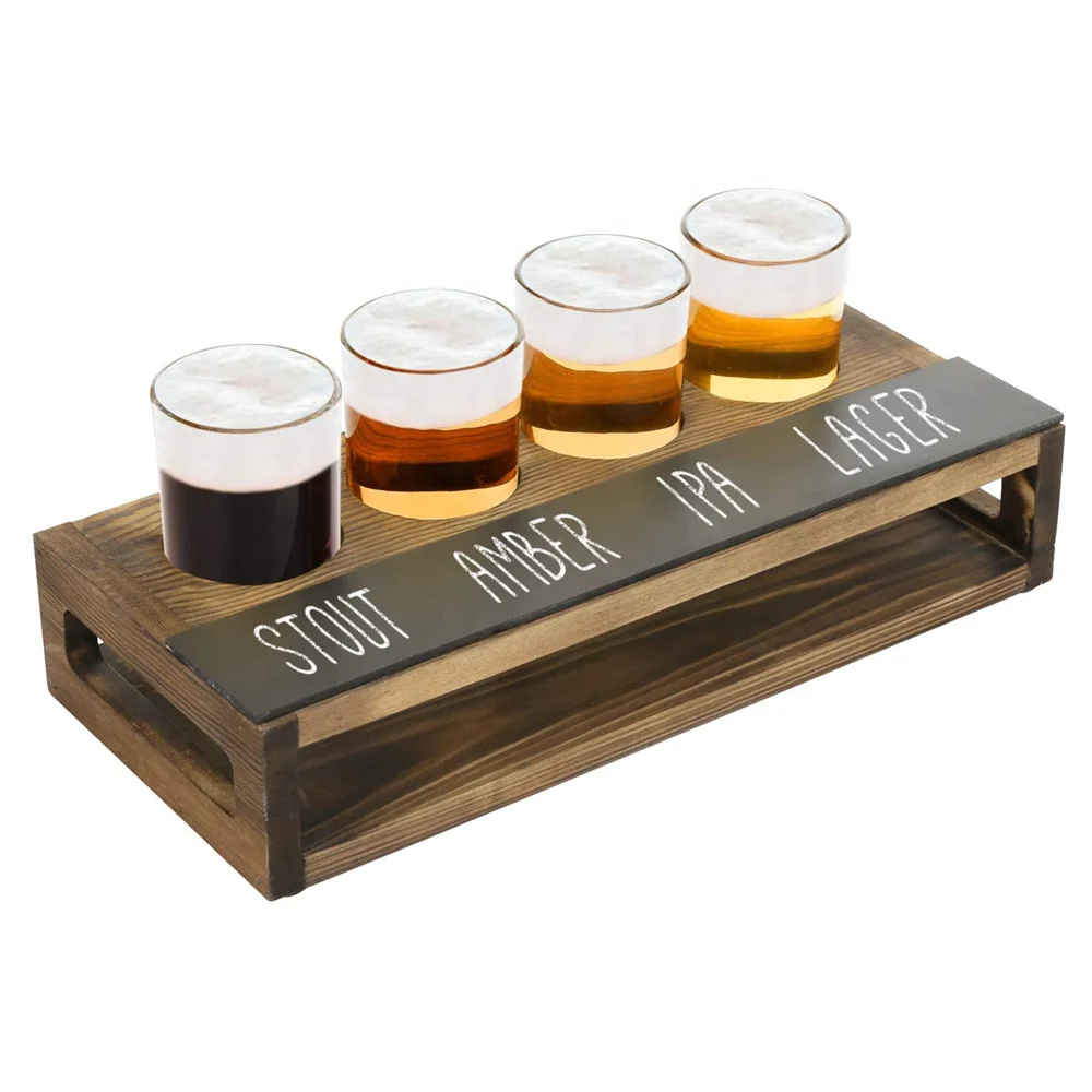 Rustic Dark Brown Burnt Solid Wood Beer Flight Holder Tasting Sampler Tray Board with Erasable Chalkboard Lab