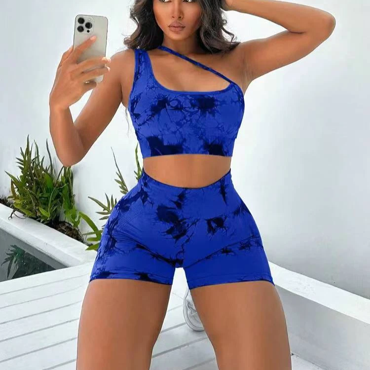 Custom Logo High Elastic Tie Dye seamless Yoga Ruched Butt leggings Sports Tank Tops One Shoulder Double Spaghetti Strap Bra