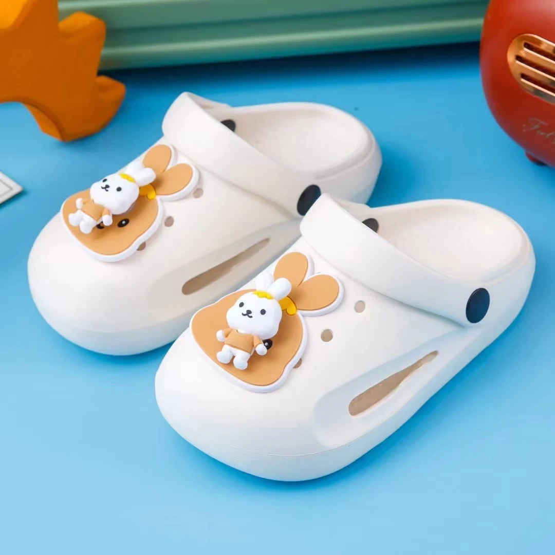 New Summer Beach Sandals Slides EVA Foam Shoes for Kids with Bear and Rabbit Removable Soft Rubber Decorations