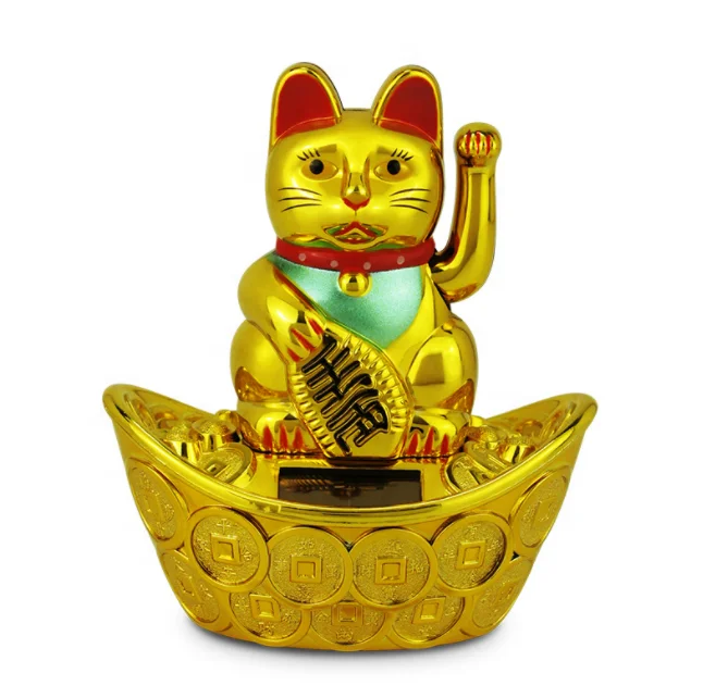 4 Inches Big Solar Power Plastic Japanese Fortune Cat   White Golden Black Color Waving Arm Lucky Cat Maneki Neko