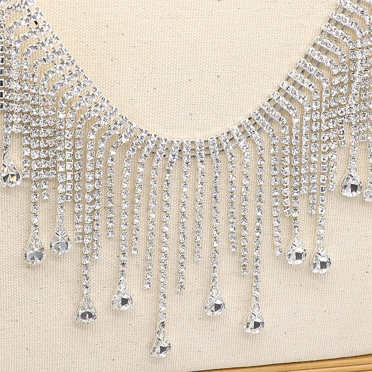 JFRT012 Bling Rhinestone Long Tassel Crystal Chain Diamante Clear Chain Rhinestone Trim Dance Clothes Collar Headband Lace Trim