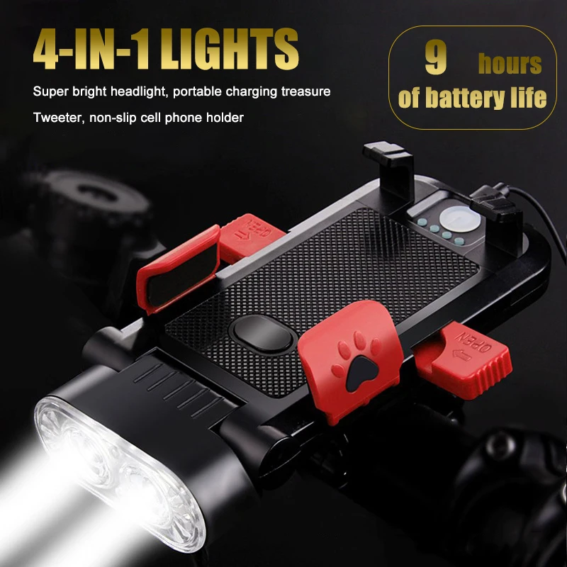 4 in 1 Multifunctional Bike Light Headlights USB Rechargeable Waterproof Bright Bicycle Lights Power Bank Horn Phone Holder