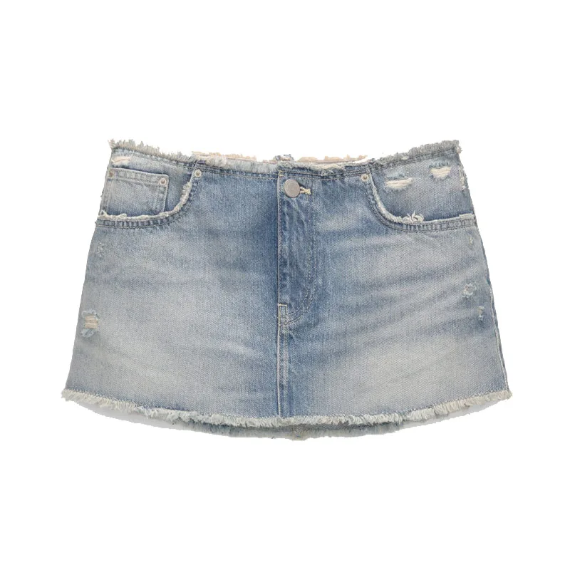 Hot Selling Denim Mini Skirt With Frayed Trims For Women Frayed Hem & Waist Five-pocket Design