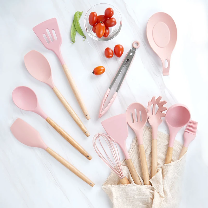 
wholesale heat sale wood handle cooking tools 13pcs Silicone kitchen Utensils set 