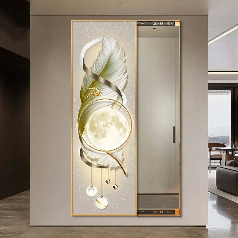 Glide and Illuminate Mirror Art Crystal Porcelain Wall Display High end push-pull mirror with nine fish and elk for beauty