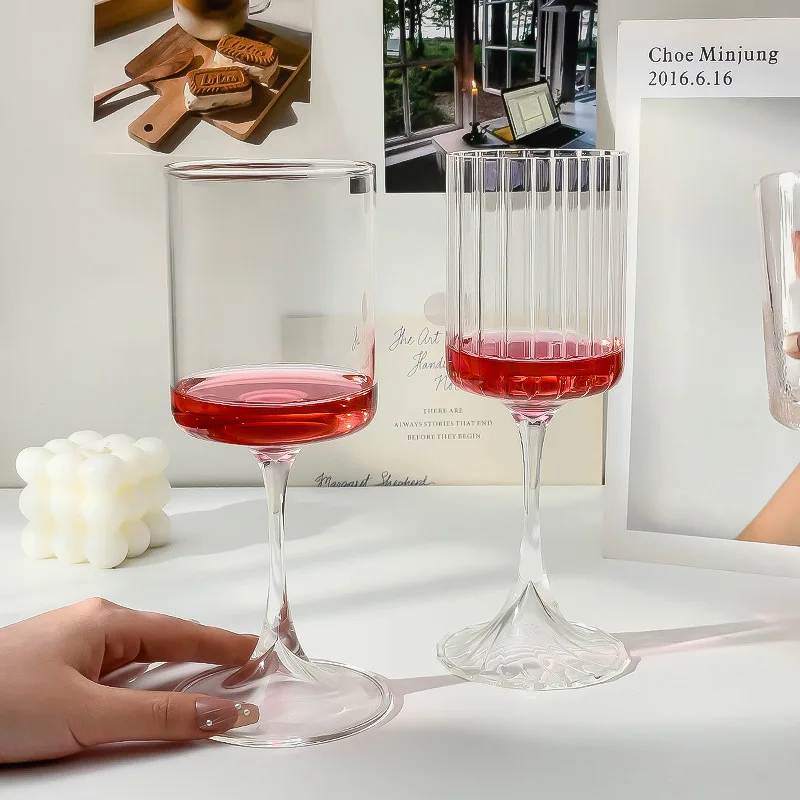 Creative vertical stripes borosilicate red wine glass whiskey cocktail glass long stem champagne flute glass
