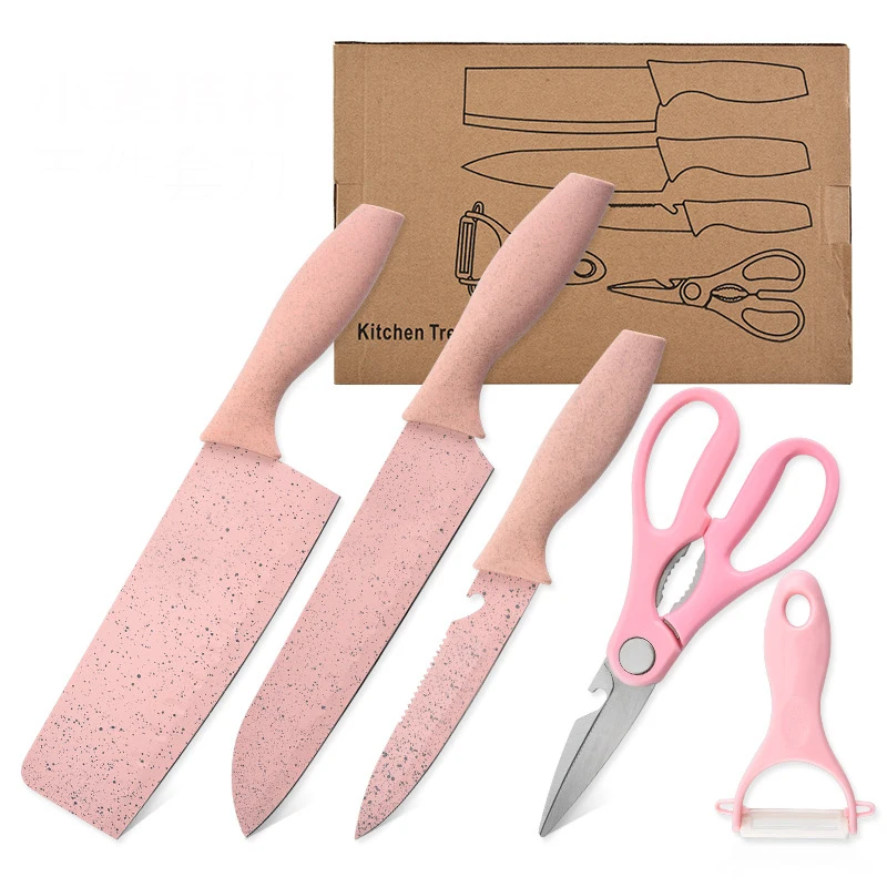 
5 Pcs/Set Pink/Blue Color Stainless Steel Gift Peeler Paring Knife Scissors Kitchen Knife Set With Wheat Straw Handle 