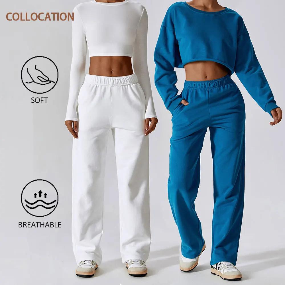 Elastic High Waist Fleece Lounge Sweatpants Wide Straight Leg Joggers with Pocket Women Fall Winter Causal Sports Sweatpants