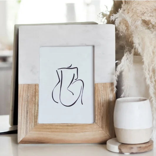 Hot Selling Standing Wood Strip White Marble Photo Frame For Table Top And Wall Mounting Display