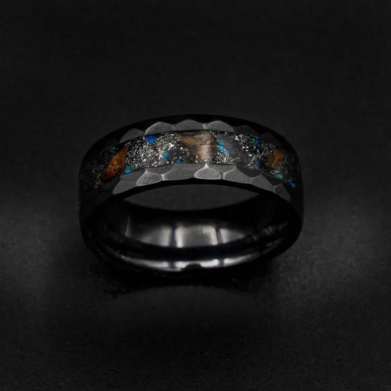 Wholesale Tungsten carbide ethopian opal ring hammered texture engagement ring PVD plated opal stone ring