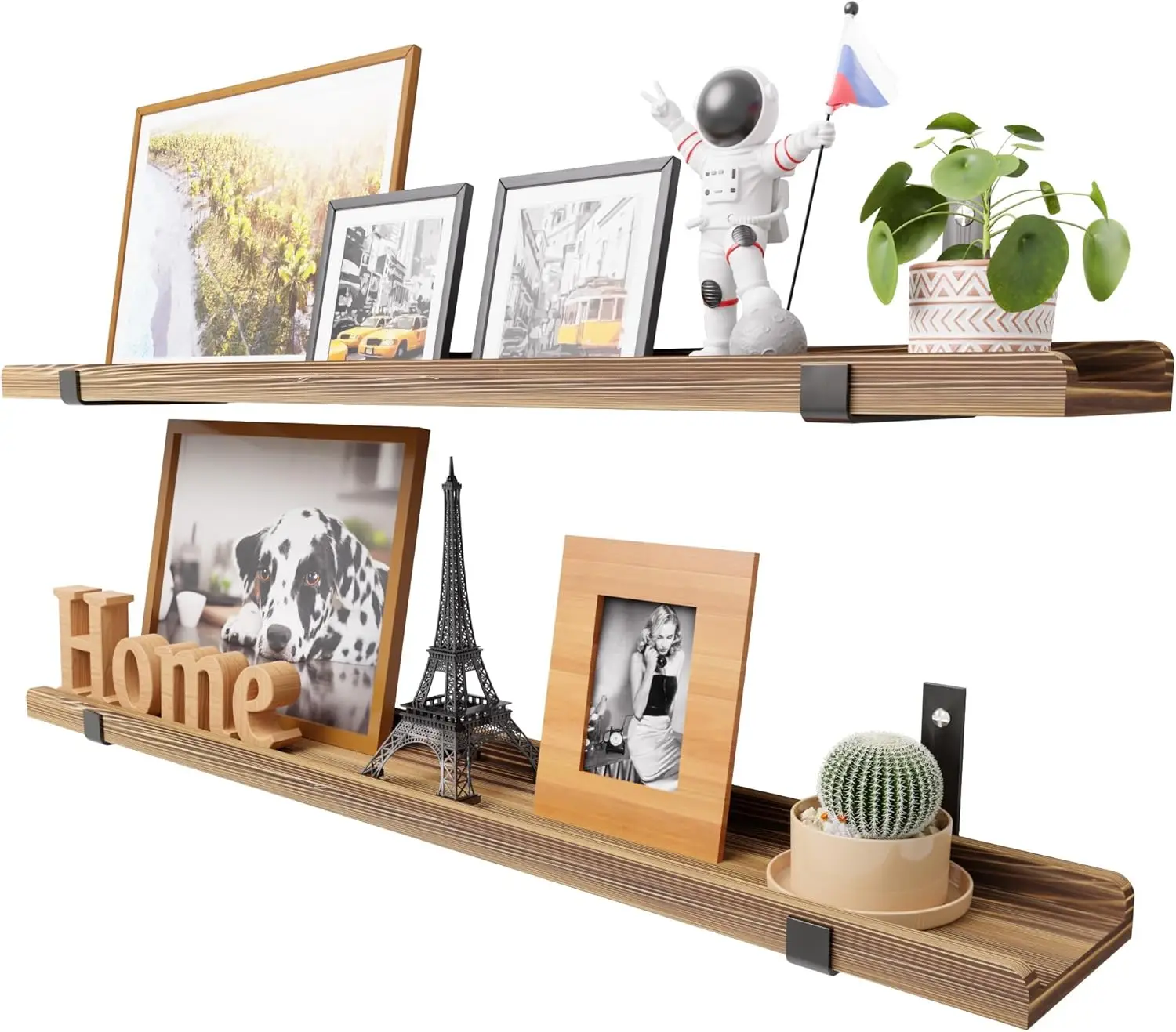 202407 Set of 2 Picture Ledge Shelf Wall Mounted Shelves Wood Long Floating Wall Shelf with Metal Bracket